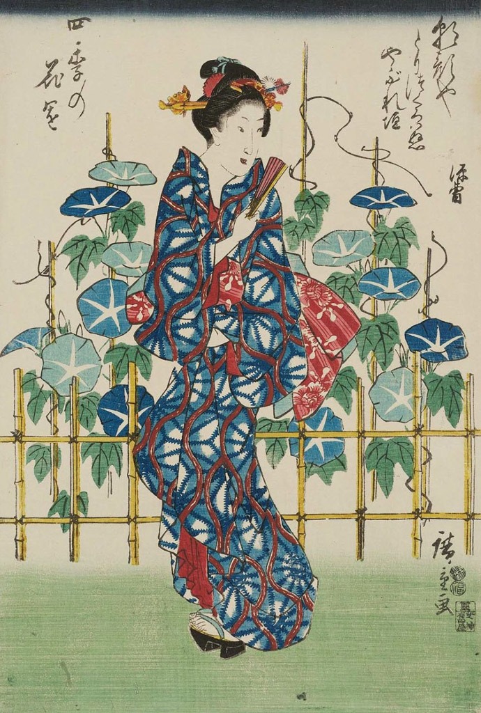 浮世絵師歌川広重作『四季の花園朝顔』より、 赤い立涌文様に麻の葉が描かれた着物を纏った女性の描写。