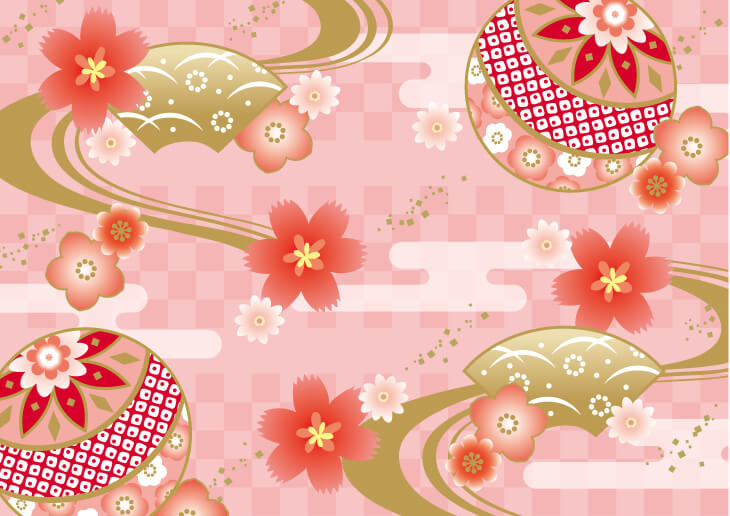 毬と流水と霞紋と市松模様