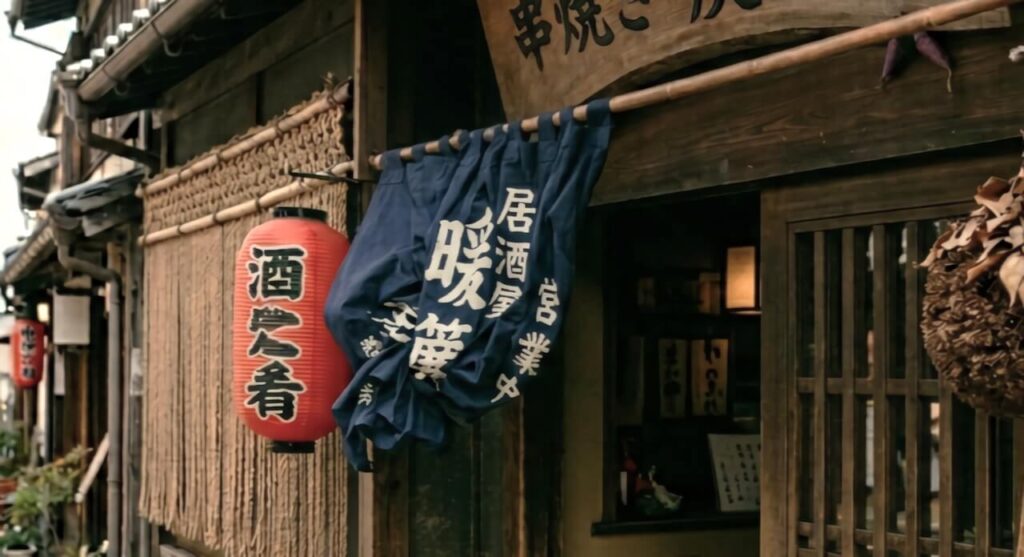 風で寄ってしまったのれん